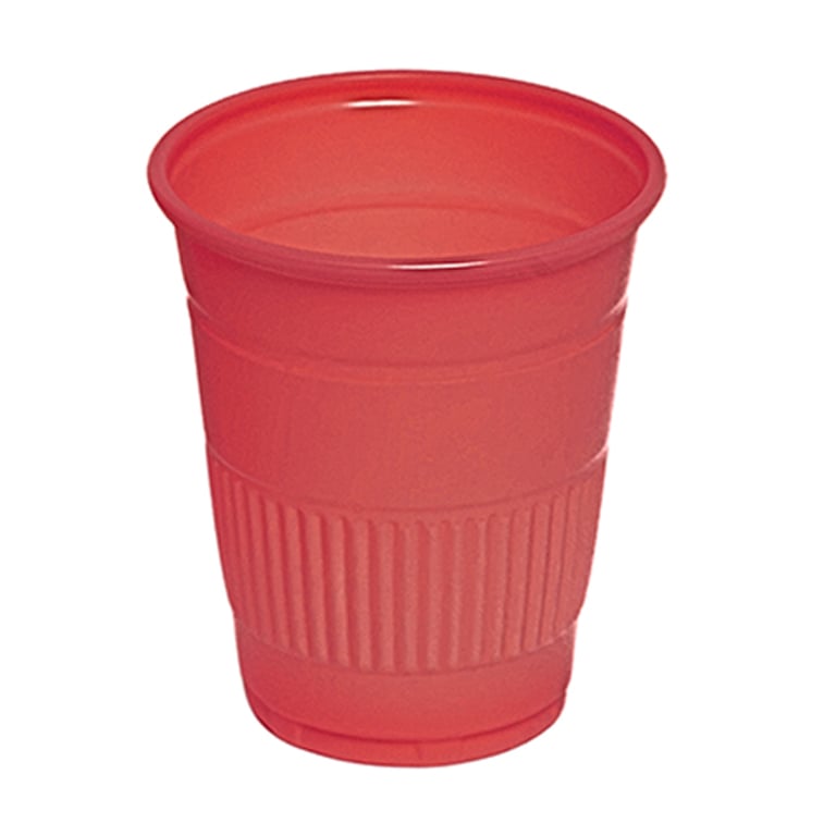 Essentials Plastic 5 oz Drinking Cups, Red, 1000/Pk. Disposable cups feature an embossed grip