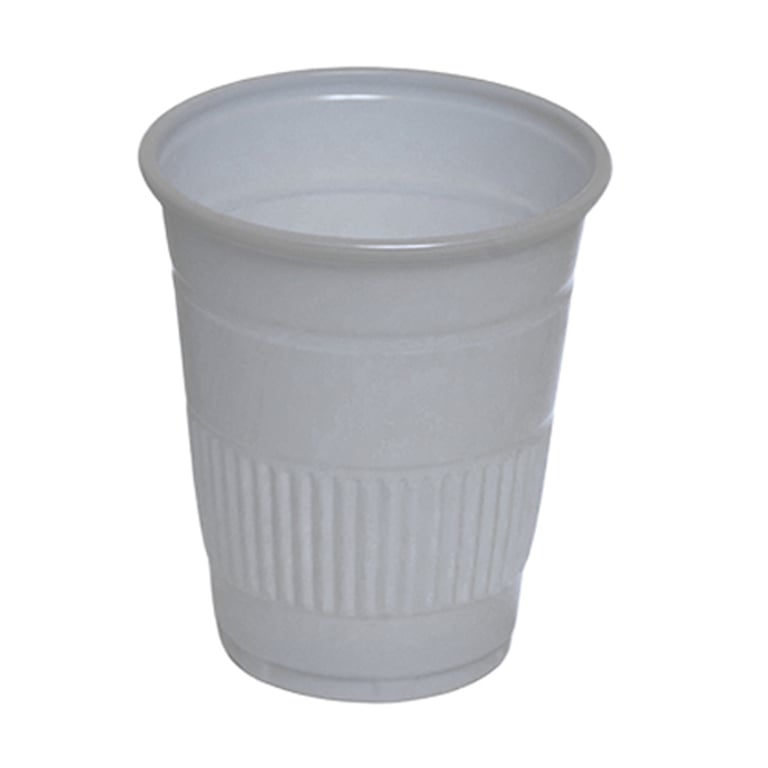 Essentials Plastic 5 oz Drinking Cups, Grey, 1000/Pk. Disposable cups feature an embossed grip
