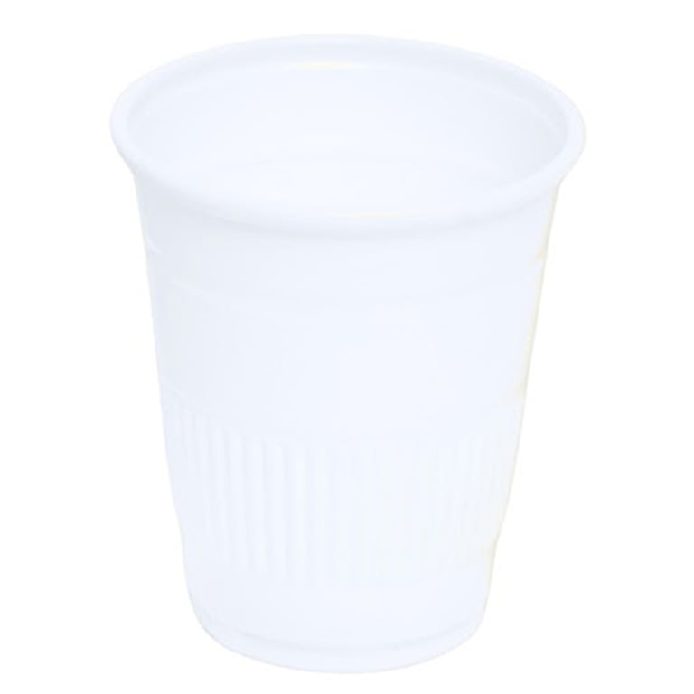 Essentials Plastic 5 oz Drinking Cups, White, 1000/Pk. Disposable cups feature an embossed grip