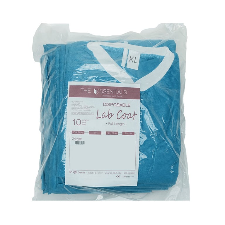 Essentials SMS Lab Coat, X-Large, Ceil Blue, 10/Pk. Reusable Unisex Gown. Snap front closure