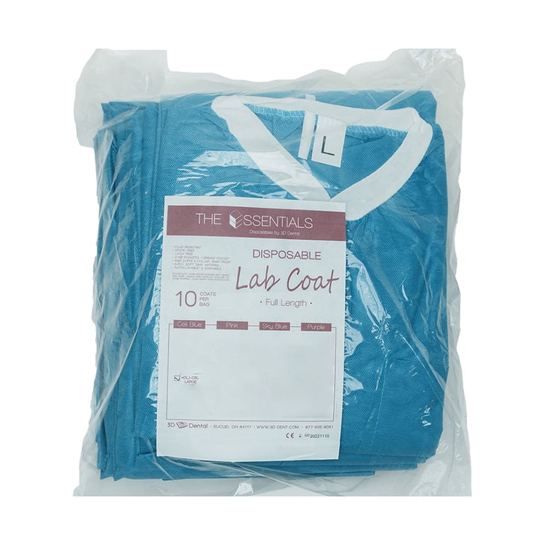 Essentials SMS Lab Coat, Large, Ceil Blue, 10/Pk. Reusable Unisex Gown. Snap front closure with 3