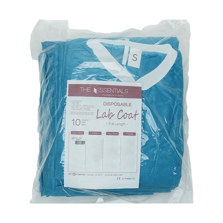 Essentials SMS Lab Coat, Small, Ceil Blue, 10/Pk. Reusable Unisex Gown. Snap front closure with 3