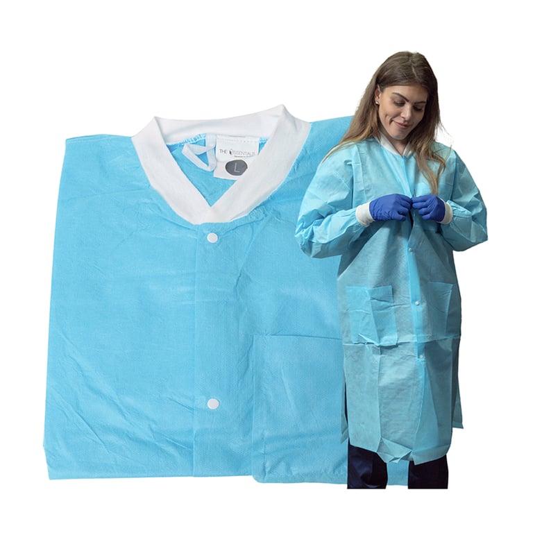 Essentials SMS Lab Coat, Large, Sky Blue, 10/Pk. Reusable Unisex Gown. Snap front closure with 3