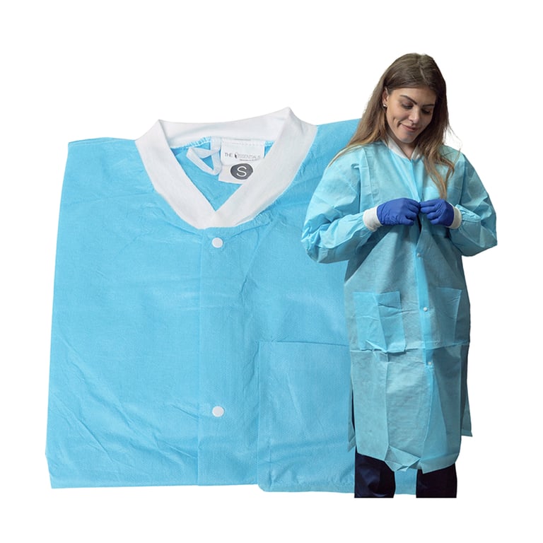 Essentials SMS Lab Coat, Small, Sky Blue, 10/Pk. Reusable Unisex Gown. Snap front closure with 3