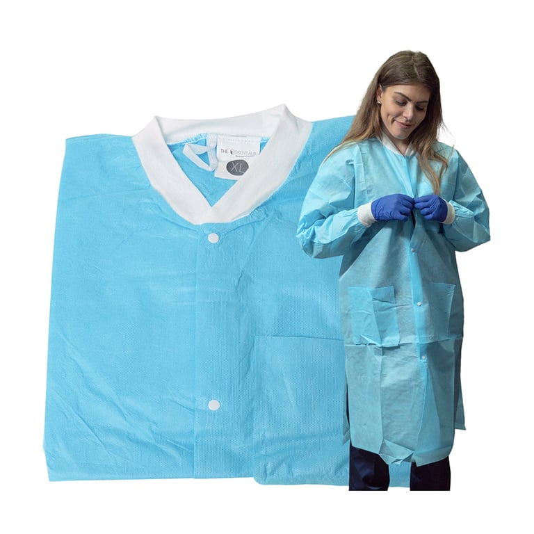 Essentials SMS Lab Coat, Sky Blue, X-Large, 10/Pk. Reusable Unisex Gown. Snap front closure with 3