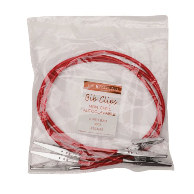 Essentials Plastic Bib Clips, Autoclavable, Red, 3/Pk. Non-chill, non-stretch bib clips. Warm on