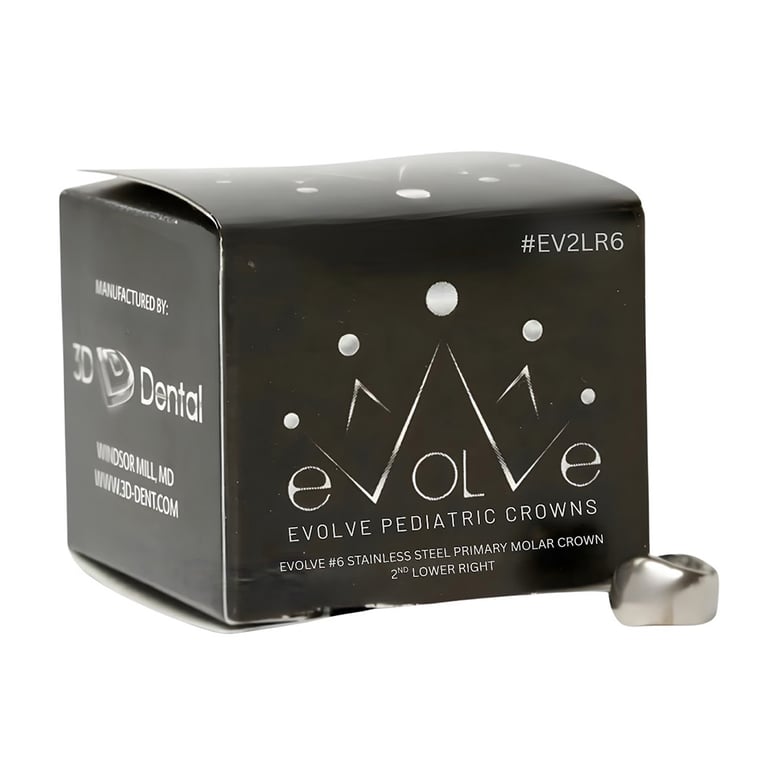 Evolve #6 Stainless Steel Primary Molar Crown, 2nd Lower Right, 5/Pk. Made for durability