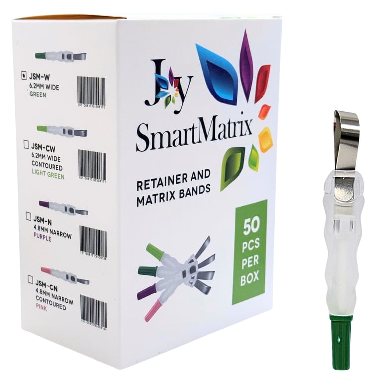 Joy Smart 6.2mm Wide Matrix Band, Green, 50/Pk. Accommodates complex tooth anatomies with a curved