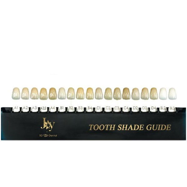 Joy Tooth Shade Guide. Shades A1, A2, A3, A3.5, A4, B1, B2, B3, B14, C1, C2, C3, C4, D2, D3, D4