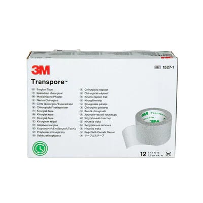 Transpore Medical Tape, 1" x 10 yards, Box of 12 rolls. Latex-free, hypoallergenic, transparent