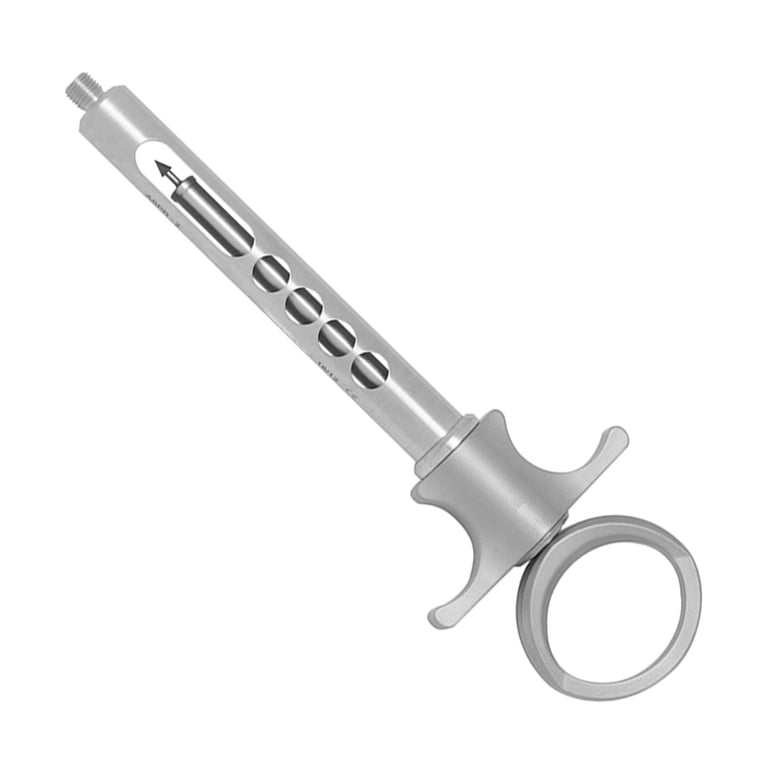 A. Titan Instruments Stainless Steel Aspirating Syringe, Medium Ring, 1/Pk. Features a threaded