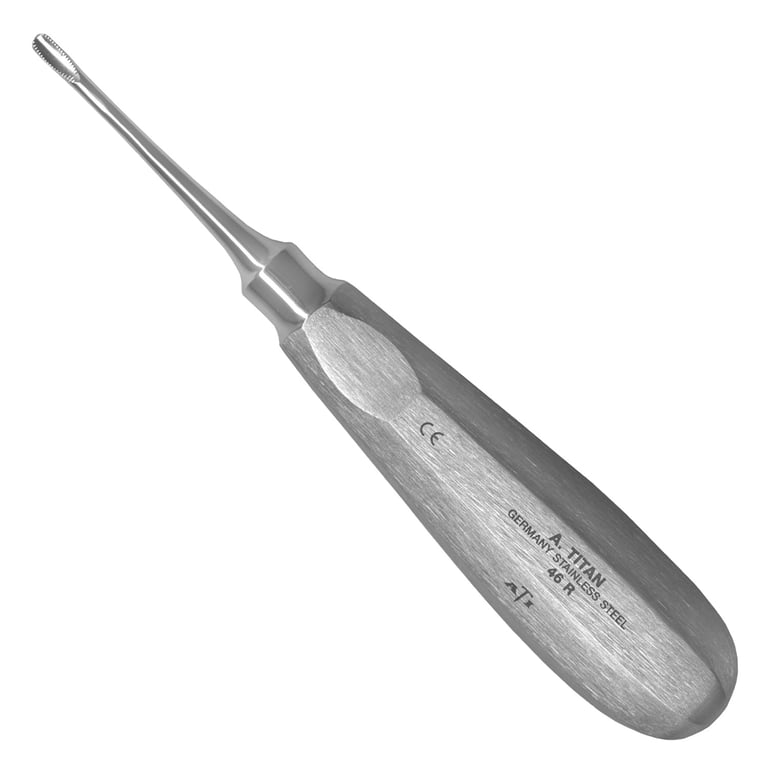 A. Titan Instruments #46R Stainless Steel Molar Elevator, Serrated, Angled, 1/Pk. Features