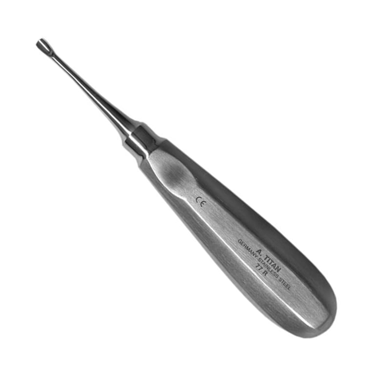 A. Titan Instruments #77R Stainless Steel Molar Elevator, Serrated, Angled, 1/Pk. Features