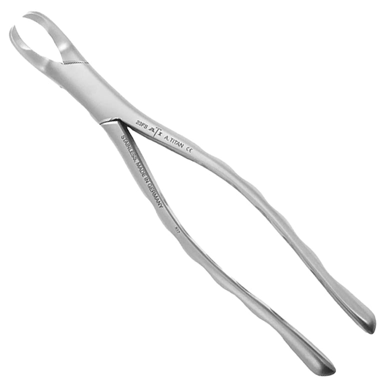 A. Titan Instruments #23 Stainless Steel Cowhorn Forceps, Lower Molar, 1/Pk. Features a flat style