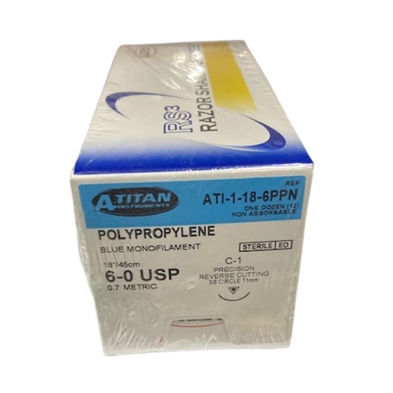 A. Titan Instruments 6/0 18" Polypropylene Non Absorbable Suture, C-1 Needle, 12/Pk. Designed