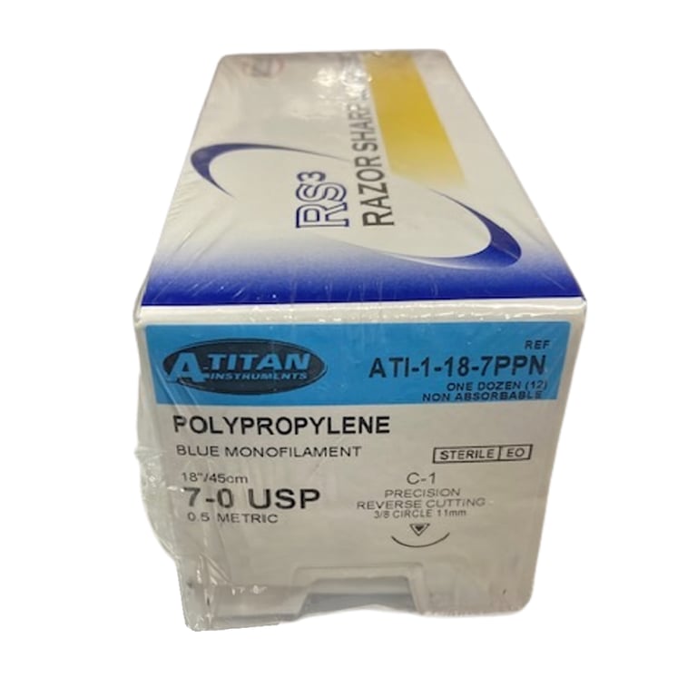 A. Titan Instruments 7/0 18" Polypropylene Non Absorbable Suture, C-1 Needle, 12/Pk. Designed