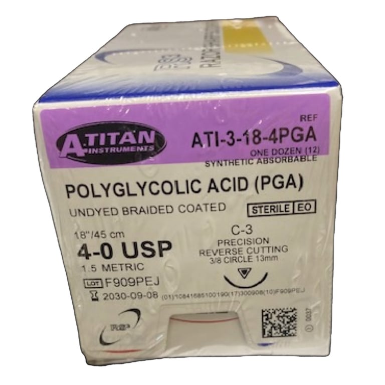 A. Titan Instruments 4/0 18" Vicryl Undyed Braided Absorbable Suture, C-3 Needle, 12/Pk. Features