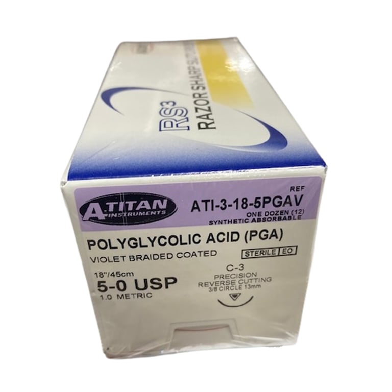 A. Titan Instruments 5/0 18" Vicryl Violet Braided Absorbable Suture, C-3 Needle, 12/Pk. Features