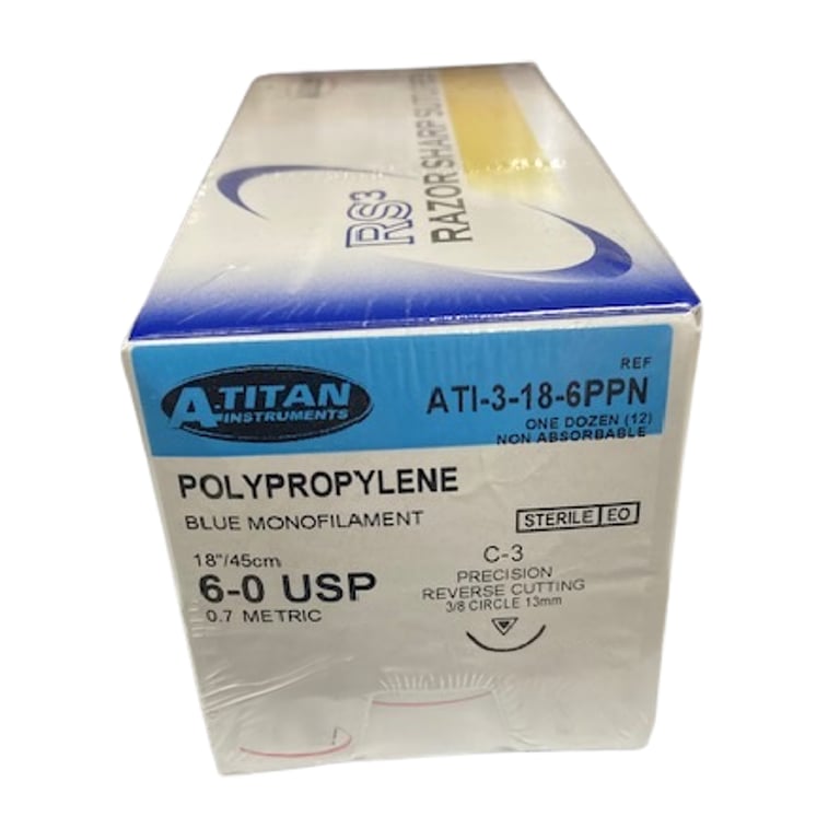 A. Titan Instruments 6/0 18" Polypropylene Non Absorbable Suture, C-3 Needle, 12/Pk. Designed