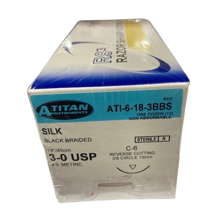 A. Titan Instruments 3/0 18" Black Braided Non Absorbable Suture, C-6 Needle, 12/Pk. Designed