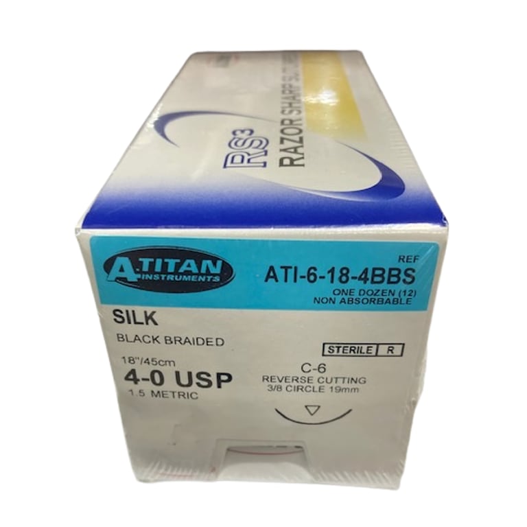 A. Titan Instruments 4/0 18" Black Braided Non Absorbable Suture, C-6 Needle, 12/Pk. Designed