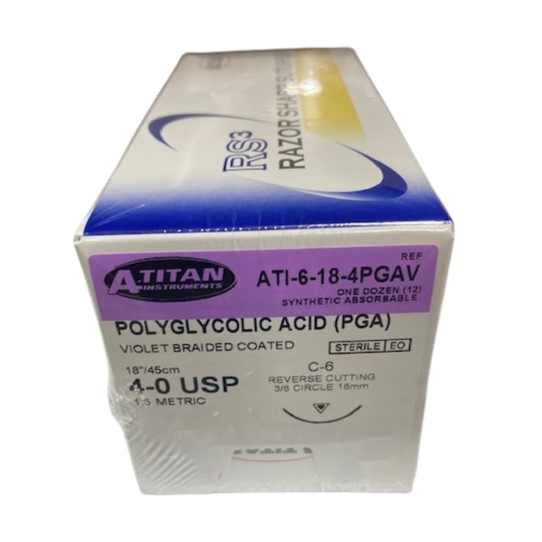 A. Titan Instruments 4/0 18" Vicryl Violet Braided Absorbable Suture, C-6 Needle, 12/Pk. Features