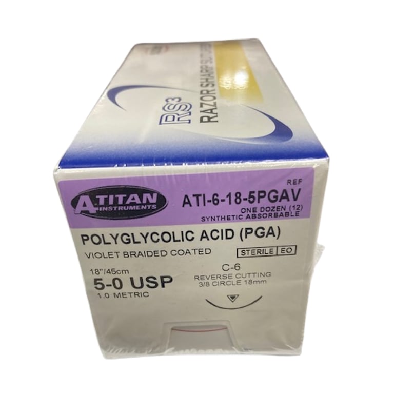 A. Titan Instruments 5/0 18" Vicryl Violet Braided Absorbable Suture, C-6 Needle, 12/Pk. Features