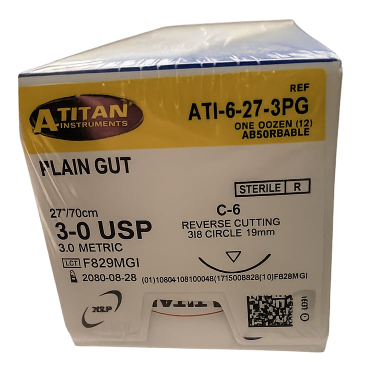 A. Titan Instruments 3/0 27" Plain Gut Absorbable Suture, C-6 Needle, 12/Pk. Used underneath