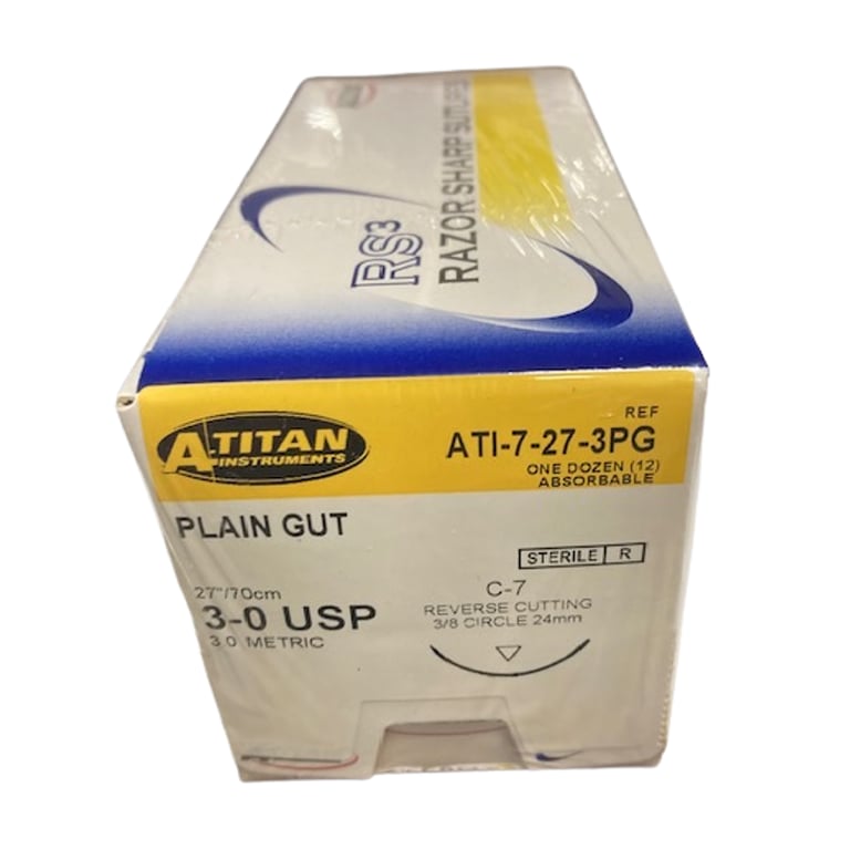 A. Titan Instruments 3/0 27" Plain Gut Absorbable Suture, C-7 Needle, 12/Pk. Designed to retain