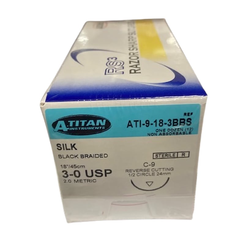 A. Titan Instruments 3/0 18" Black Braided Non Absorbable Suture, C-9 Needle, 12/Pk. Designed