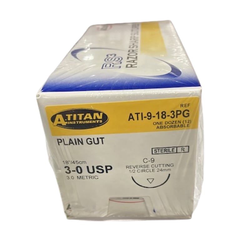 A. Titan Instruments 3/0 18" Plain Gut Absorbable Suture, C-9 Needle, 12/Pk. Designed to retain