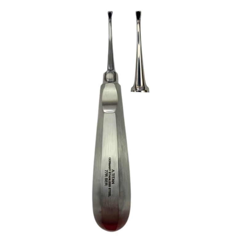 A. Titan Stainless Steel Angled Molar Elevator, Serrated, 1/Pk. Severs the periodontal ligament