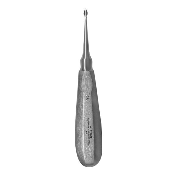 A. Titan Straight Spade Tip Bone Preservation Elevator, 1/Pk. Thin sharp tip measuring 4mm. Made