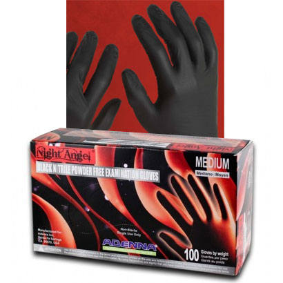 Adenna Night Angel Nitrile Exam Gloves - MEDIUM 100/Box. Powder-Free, Textured, Black color gloves