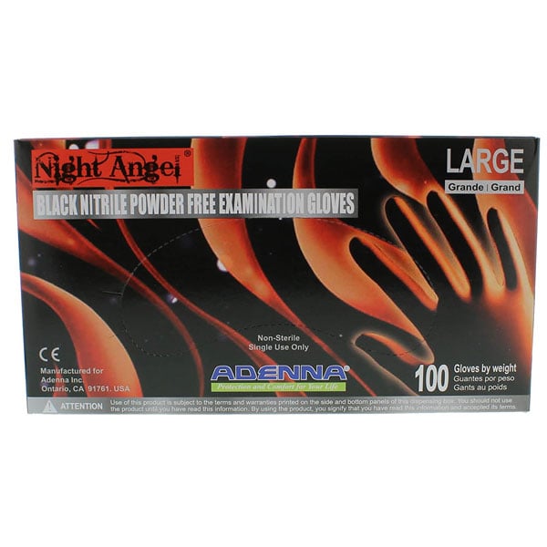 Adenna Night Angel Nitrile Exam Gloves - LARGE 100/Box. Powder-Free, Textured, Black color gloves
