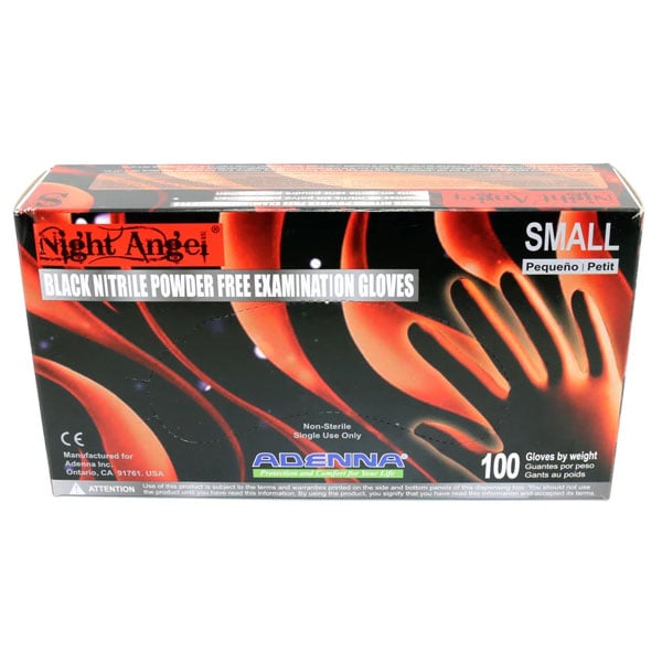 Adenna Night Angel Nitrile Exam Gloves - SMALL 100/Box. Powder-Free, Textured, Black color gloves
