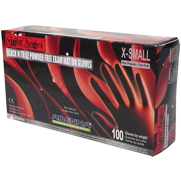 Adenna Night Angel Nitrile Exam Gloves - X-SMALL 100/Box. Powder-Free, Textured, Black color