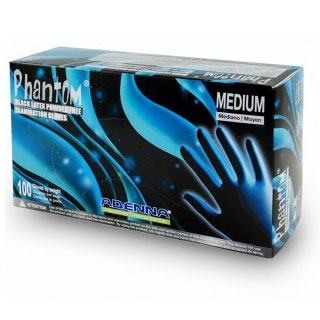 Adenna Phantom Latex Exam Gloves: Medium, Black Color, Powder-free, Fully Textured 100/Bx. Beaded