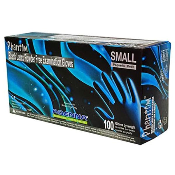 Adenna Phantom Latex Exam Gloves: Small, Black Color, Powder-free, Fully Textured 100/Bx. Beaded