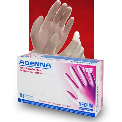 Adenna VPF Vinyl Exam Gloves - MEDIUM 100/Box. Powder-Free, Smooth, Translucent. Economical
