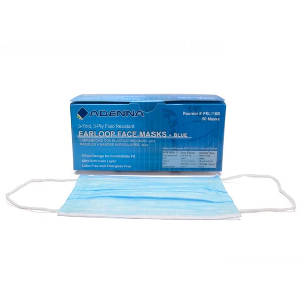 Adenna Earloop Face Mask, Blue 50/Box. Exceeds ASTM Level 2 BFE >99%