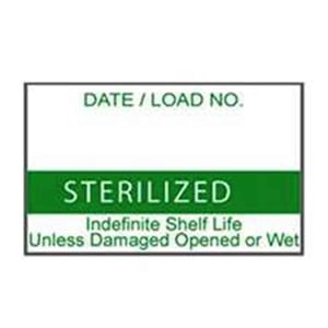 Labelex Sterilization Labels, "STERILIZED" in Green, Single-Ply, 1,000/roll, 12 rolls/pack. Apply