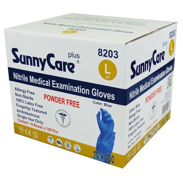 SunnyCare Plus Nitrile Examination Gloves, Large, Powder-Free, Blue, 1000/Case. Non-sterile