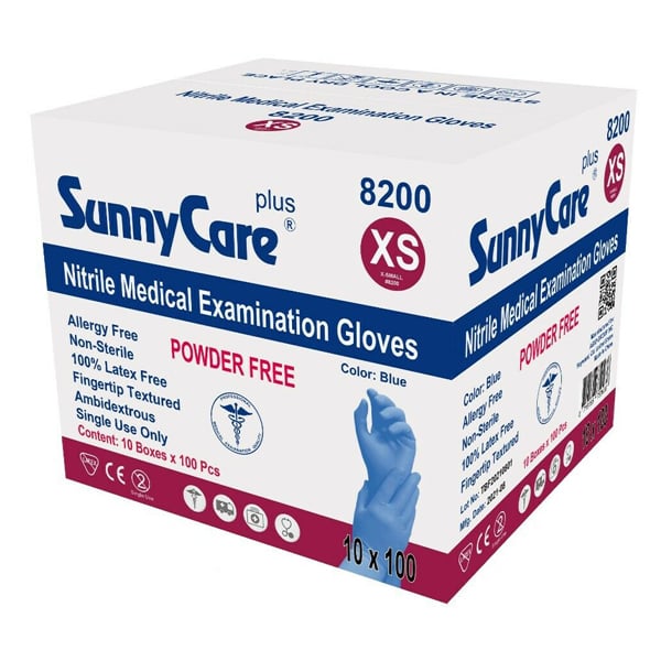 SunnyCare Plus Nitrile Examination Gloves, X-Small, Powder-Free, Blue, 1000/Case. Non-sterile