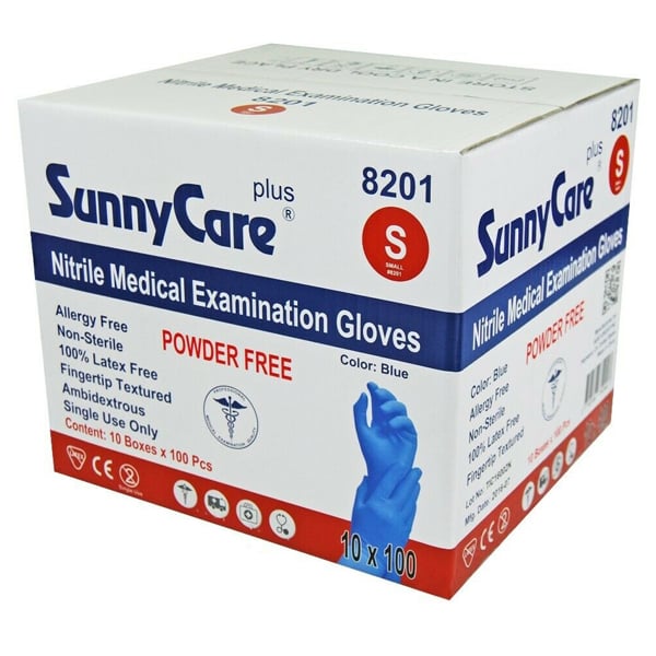 SunnyCare Plus Nitrile Examination Gloves, Small, Powder-Free, Blue, 1000/Case. Non-sterile