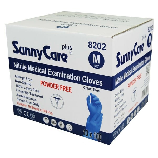 SunnyCare Plus Nitrile Examination Gloves, Medium, Powder-Free, Blue, 1000/Case. Non-sterile