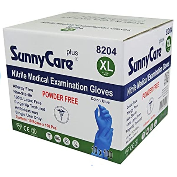 SunnyCare Plus Nitrile Examination Gloves, X-Large, Powder-Free, Blue, 1000/Case. Non-sterile