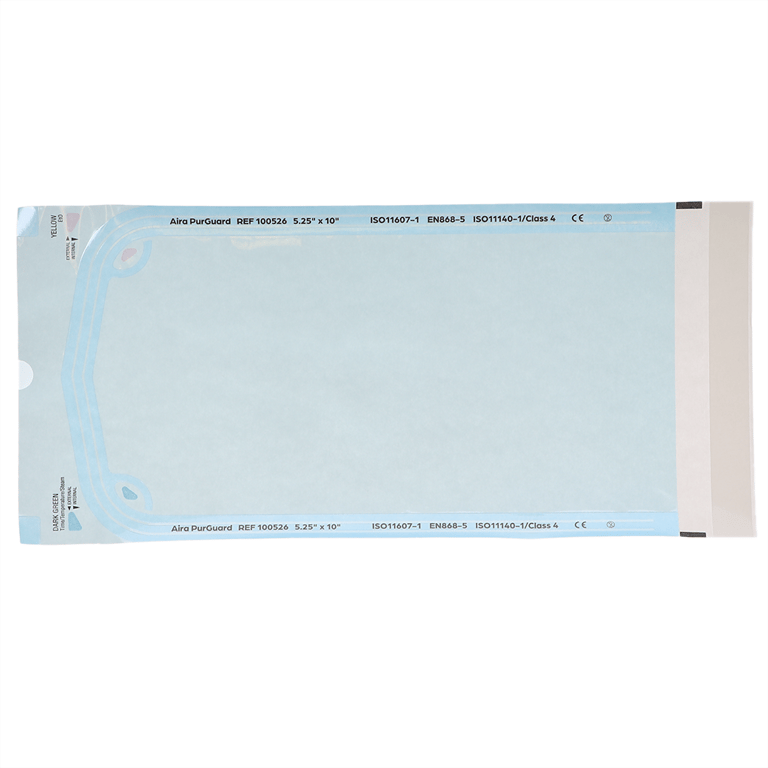 Aira Class 4 5.25" x 10" Paper/Blue Film Self-Sealing Sterilization Pouch, 200/Box. Built