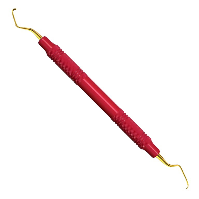 American Eagle #9/10 XP Gracey Curette with 3/8" EagleLite Resin Red Handle. Long Contra-angle