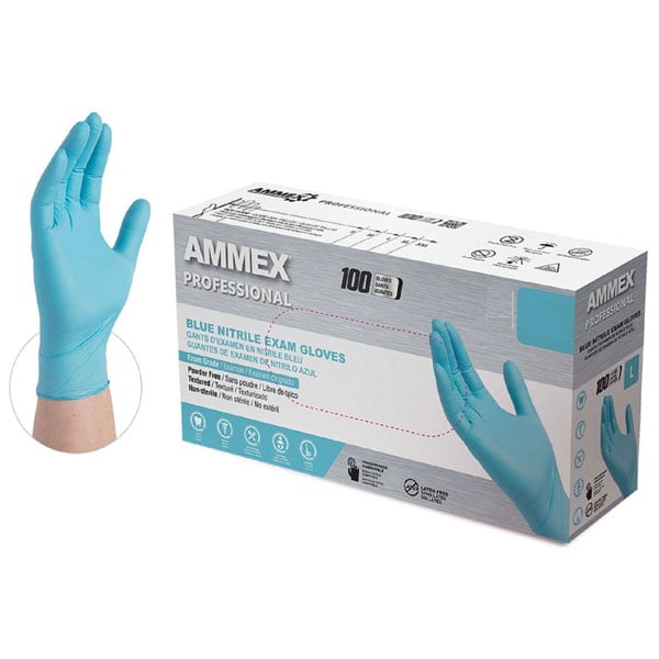 AMMEX Professional Blue Nitrile Exam Gloves - Large, 10x100/Box, Beaded cuff, Powder-Free